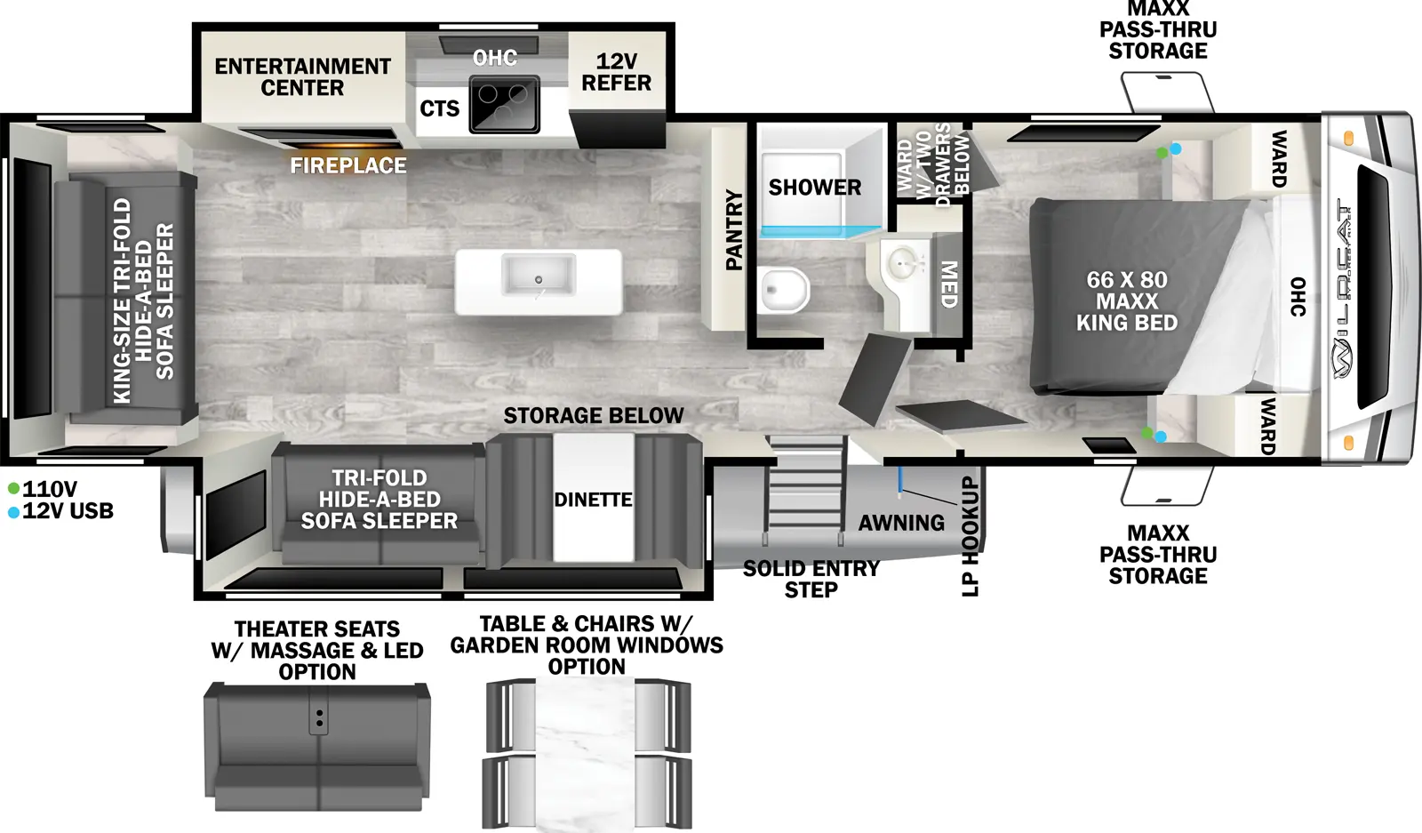 The Wildcat Travel Trailers 278RLX - MAXX floorplan has one entry and two slide outs. Exterior features include: fiberglass exterior and 20' awning. Interiors features include: kitchen island, free-standing dinette option, front bedroom and rear living.